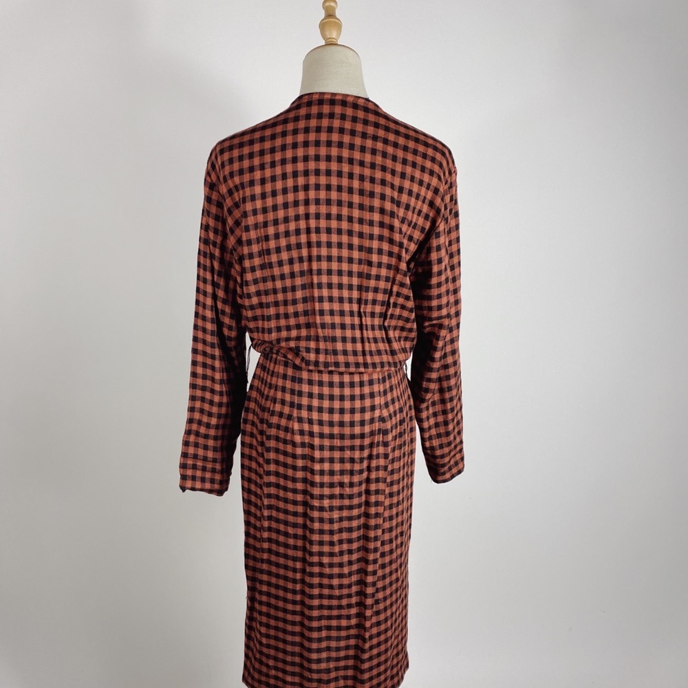 VINTAGE 90s Moda Intl Gingham Plaid Clay & Black Long Sleeve Button Dress Medium - Picture 8 of 8